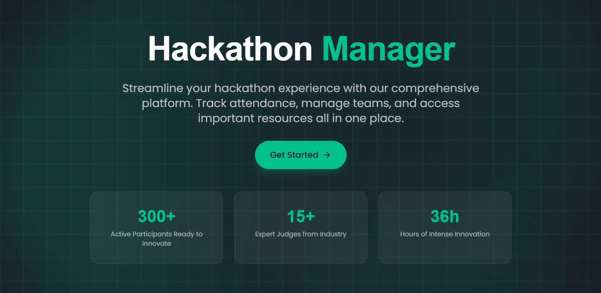 The supplied Hackathon Manager homepage, showing its teal interface and Get Started action.