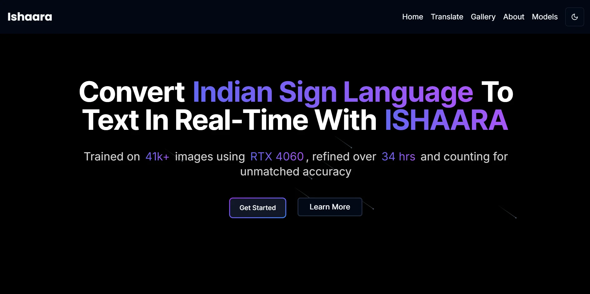 The existing Ishaara application homepage, with an Indian Sign Language translation introduction on a dark interface.